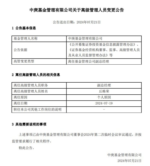 股票配 资炒股 丘栋荣因个人原因离任中庚基金副总经理